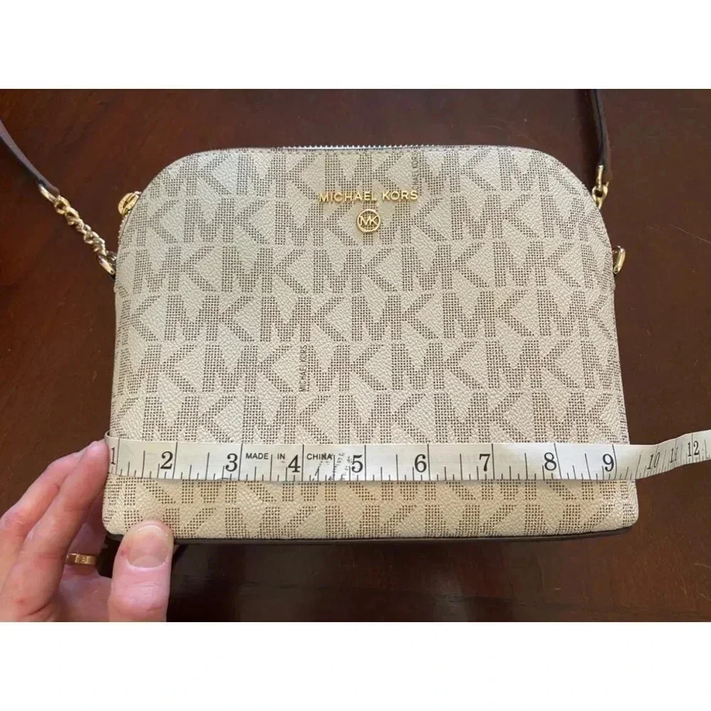 Michael Kors Dome Crossbody Bag Signature Logo Brown Leather Strap Gold Details